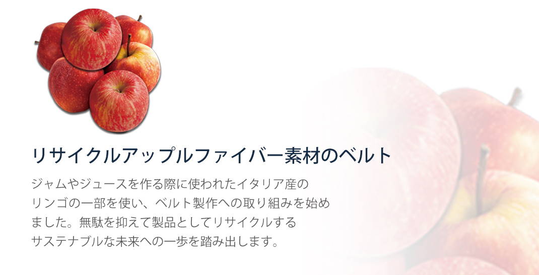 リサイクルアップルファイバー素材のベルト ジャムやジュースを作る際に使われたイタリア産の
リンゴの一部を使い、ベルト製作への取り組みを始めました。無駄を抑えて製品としてリサイクルする
サステナブルな未来への一歩を踏み出します。