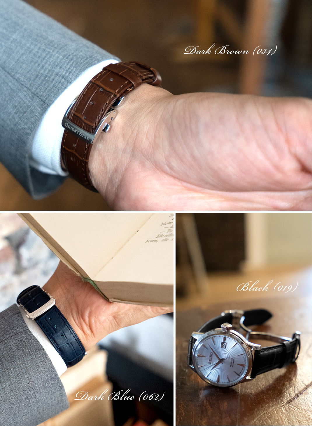 Dark Brown (034) Dark Blue (062) Black (019) 